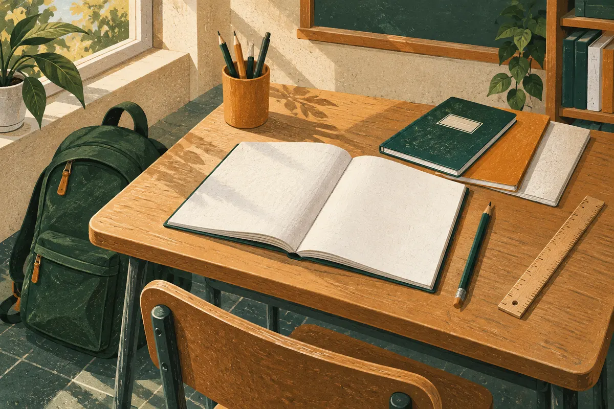 Cuadernos abiertos, útiles y mochila sobre una mesa de estudio
